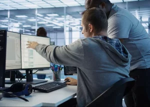 Manager accompagnant un collaborateur dans le cadre de l'adoption d'un logiciel